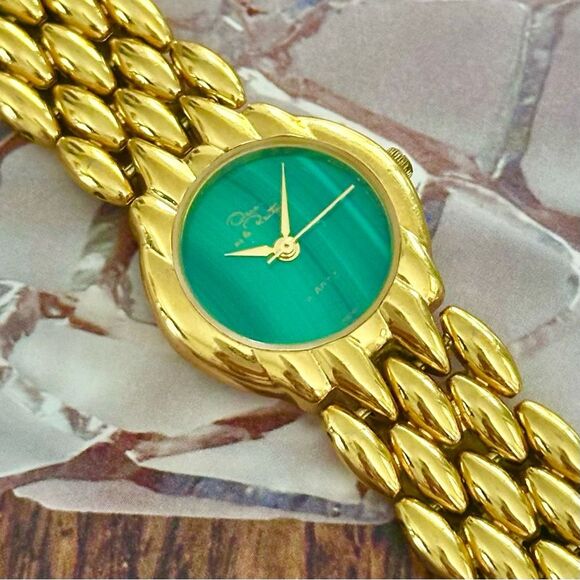 Oscar de la Renta Vintage Green Malachite Gold Tone Watch 24mm 90s main image 9